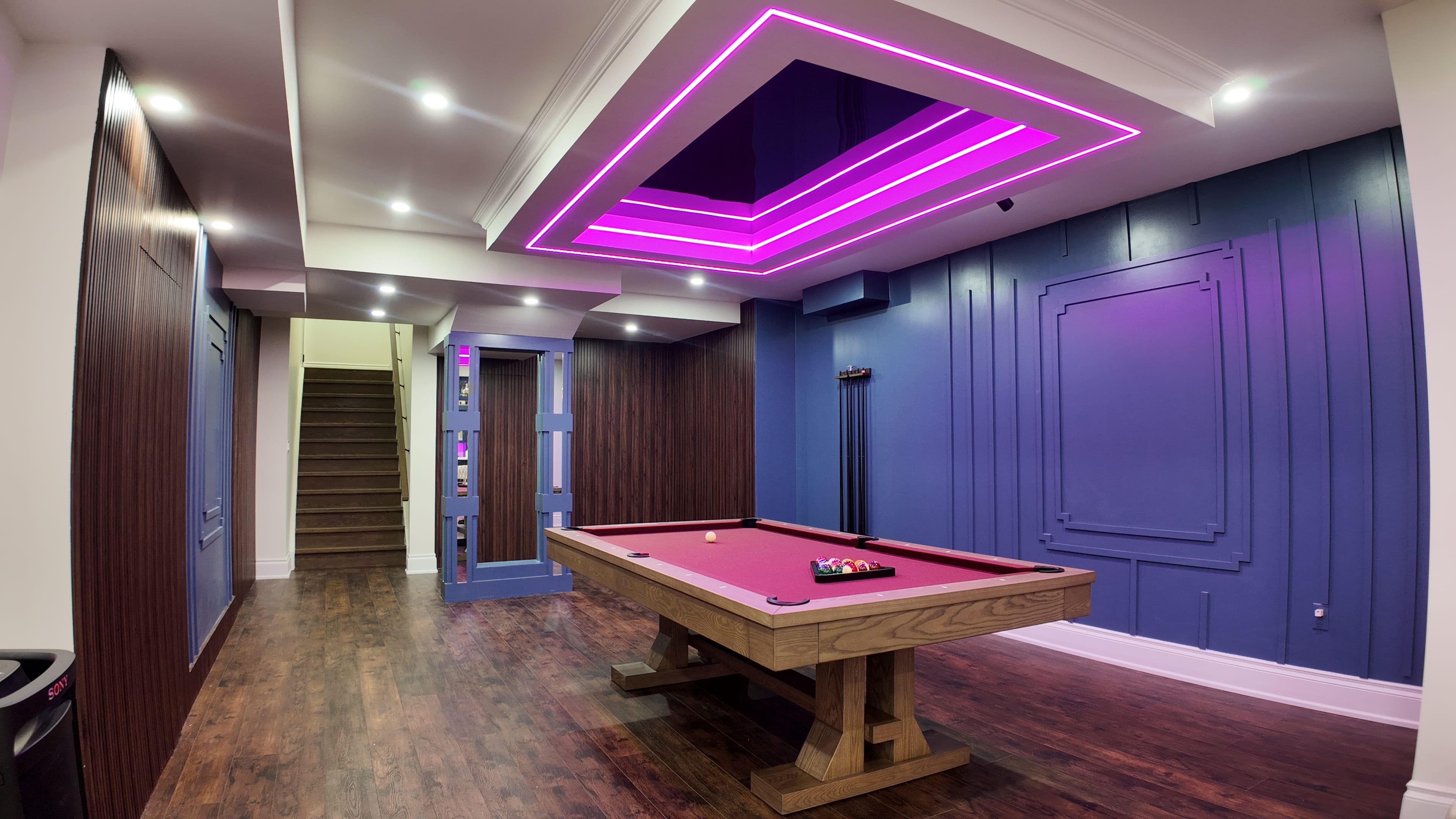 Finished basement games and recreation room with pool table