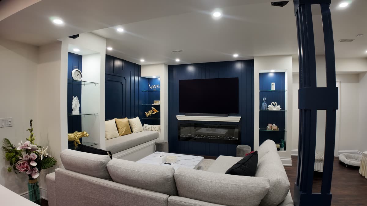 Custom media wall in a Mississauga basement